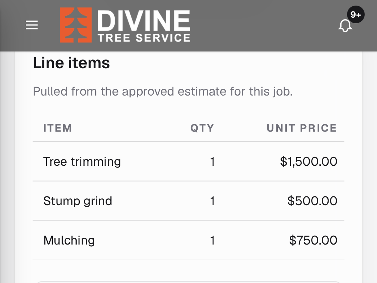 A working prototype of a job sheet on a phone, each line item listed with its quantity and unit price beneath a tree service company’s own branding.